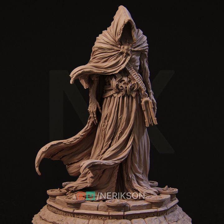 Undead Sorcerer Miniature | 32mm Resin Dark Mage for DnD & Tabletop RPG | Grimdark Hooded Lich Model | Unpainted Fantasy Figure