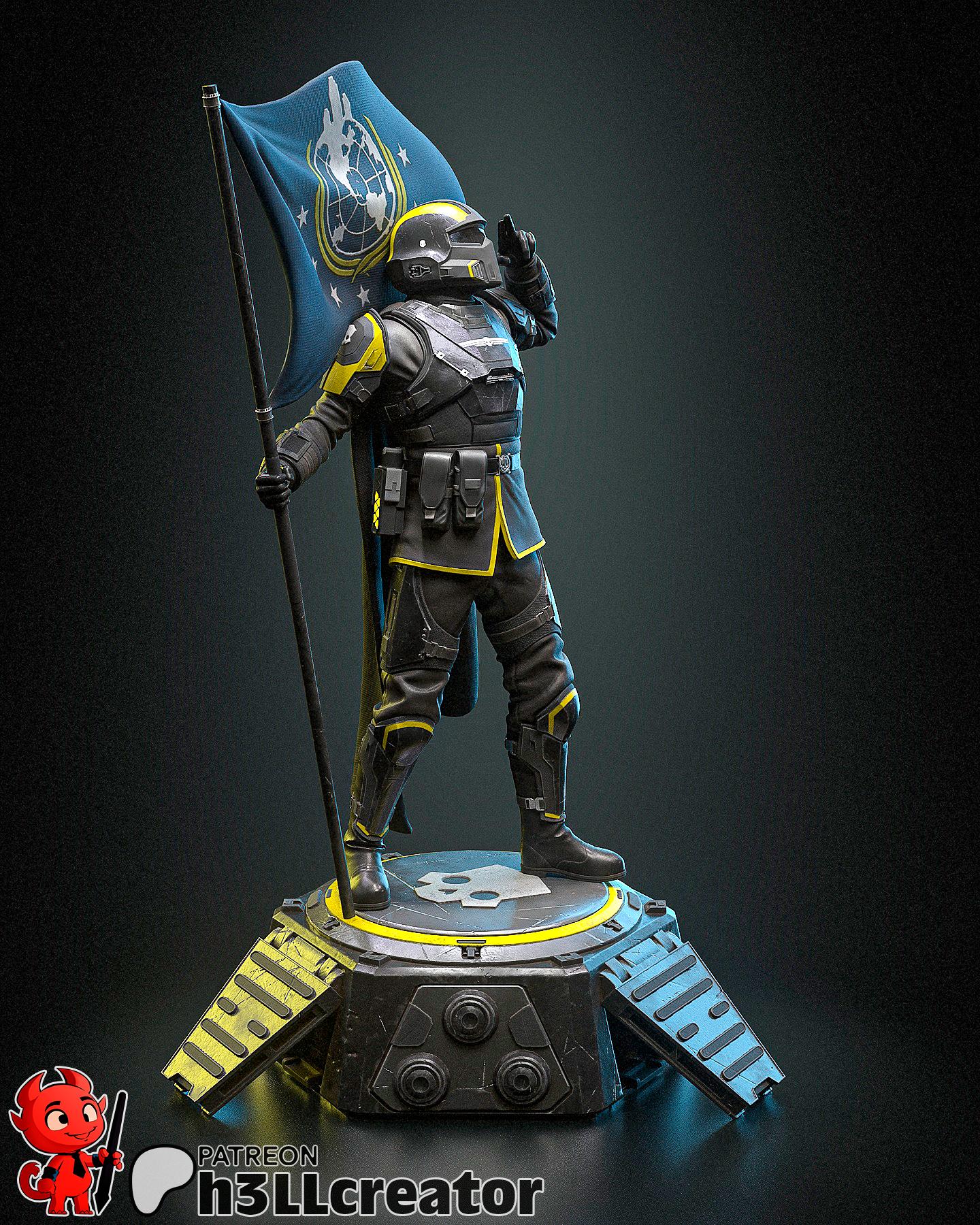 Sci-Fi Vanguard Trooper Statue | 1/12 Scale Detailed Resin Soldier | Unpainted Miniature Figure with Flag & Display Base | Diver | Heck Dive