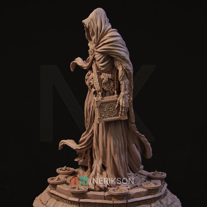 Undead Sorcerer Miniature | 32mm Resin Dark Mage for DnD & Tabletop RPG | Grimdark Hooded Lich Model | Unpainted Fantasy Figure