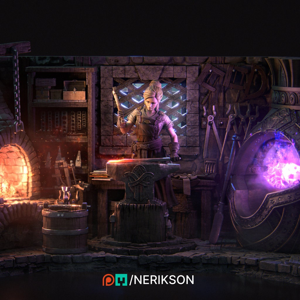 Lara | Girl Boss | Fantasy | Dungeon and Dragons | Medieval | Town | Blacksmith | Smith | Smithy | Workshop | Sword | Warrior | Support